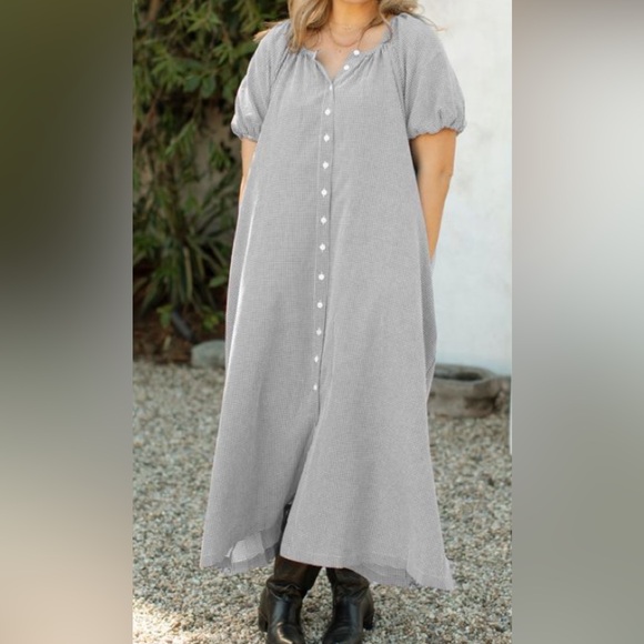 CARLY JEAN BLACK WHITE GINGHAM PLAID BUTTON DOWN MAXI DRESS PUFF SLEEVE SMALL - Picture 1 of 7